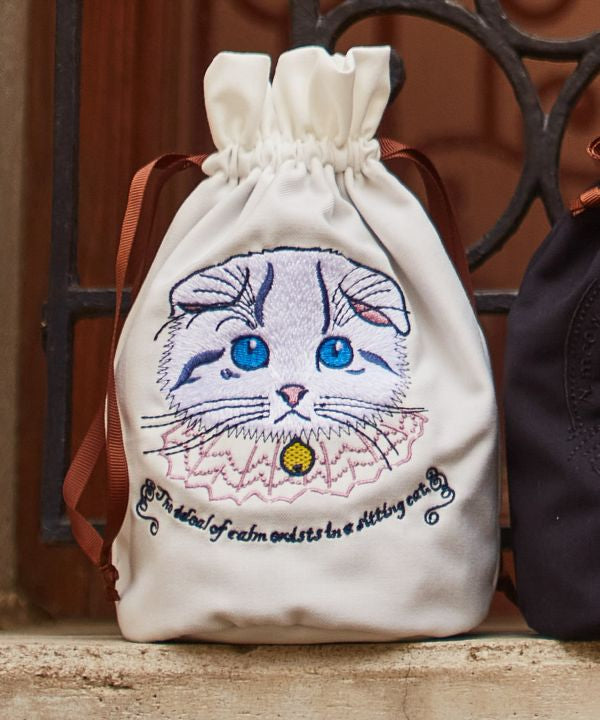 猫刺繍巾着ポーチ - Ametsuchi
