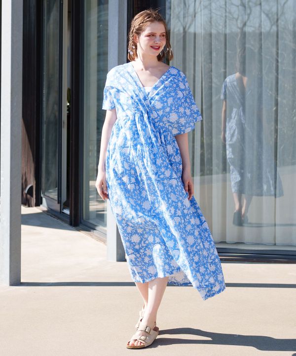 cotton block print maxi dress Block Print Cotton Dress BLUE
