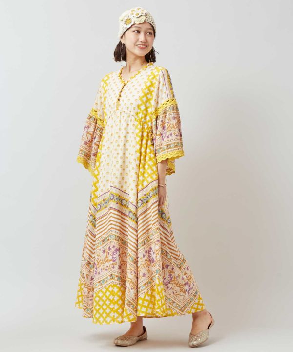 gold block print dress Black Boho Kaftan Dress with Block Print in Gold – Maxim Creation main image 1