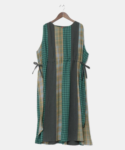 체크무늬×스트라이프 슬리브리스 드레스