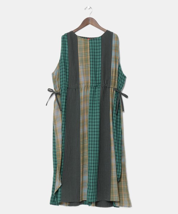 체크무늬×스트라이프 슬리브리스 드레스
