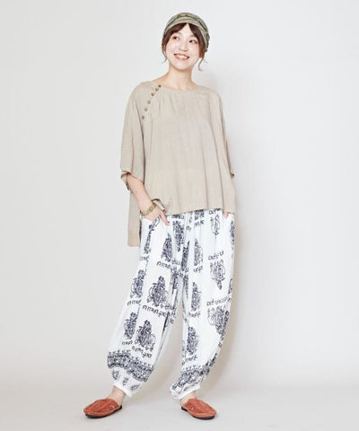 Linen Blend Slouchy Bohemian Top Tops by AMINA - Ametsuchi