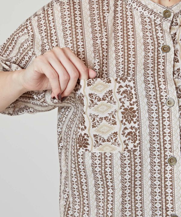 Flower x Stripe Band Collar Shirt