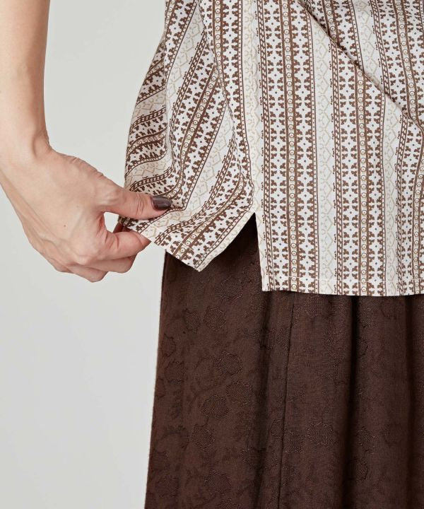 Flower x Stripe Band Collar Shirt