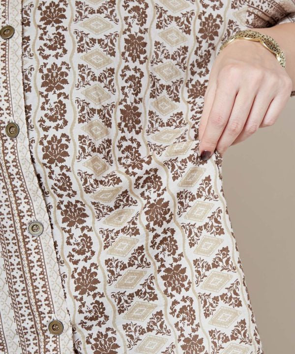 Flower x Stripe Band Collar Shirt