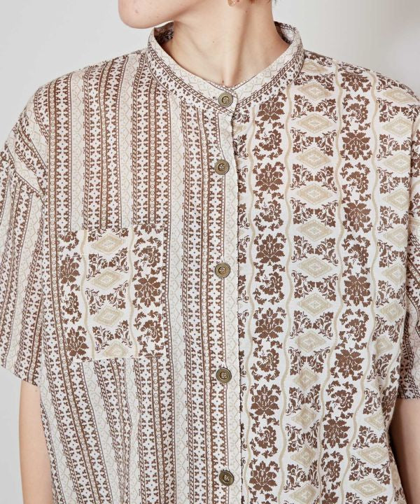 Flower x Stripe Band Collar Shirt