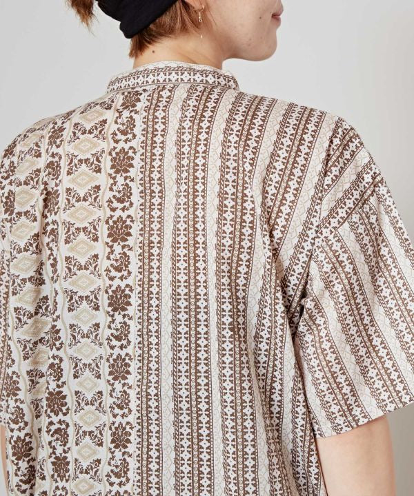 Flower x Stripe Band Collar Shirt