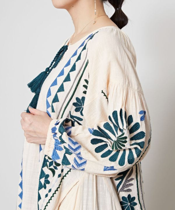 Embroidered Slub Cotton Dress