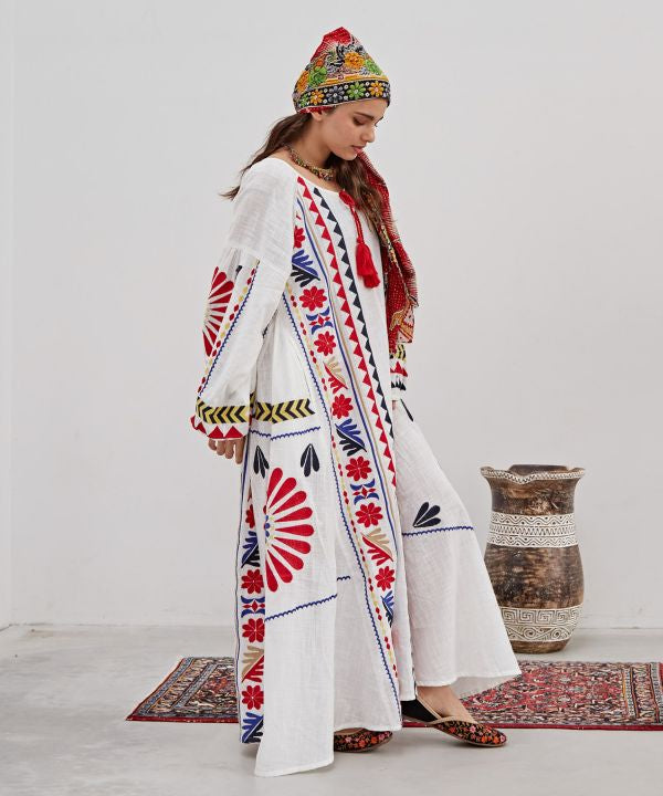 Embroidered Slub Cotton Dress