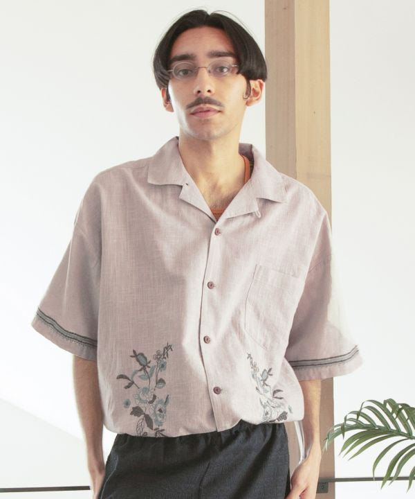 Slub Cotton Floral Embroidery Shirt