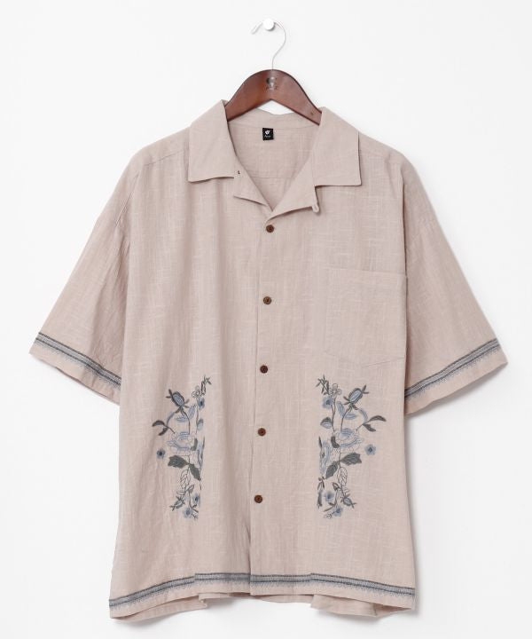 Slub Cotton Floral Embroidery Shirt