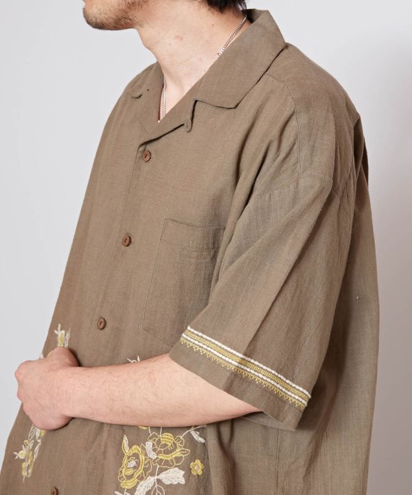 Slub Cotton Floral Embroidery Shirt