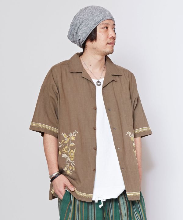 Slub Cotton Floral Embroidery Shirt