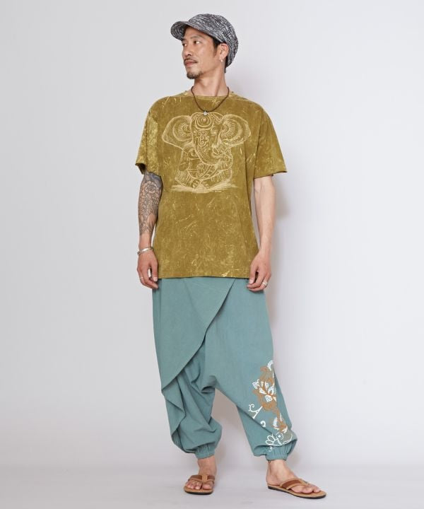Draped Cotton Lotus Print Harem Pants