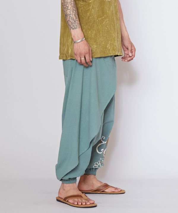 Draped Cotton Lotus Print Harem Pants