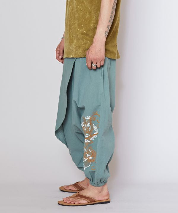 Draped Cotton Lotus Print Harem Pants