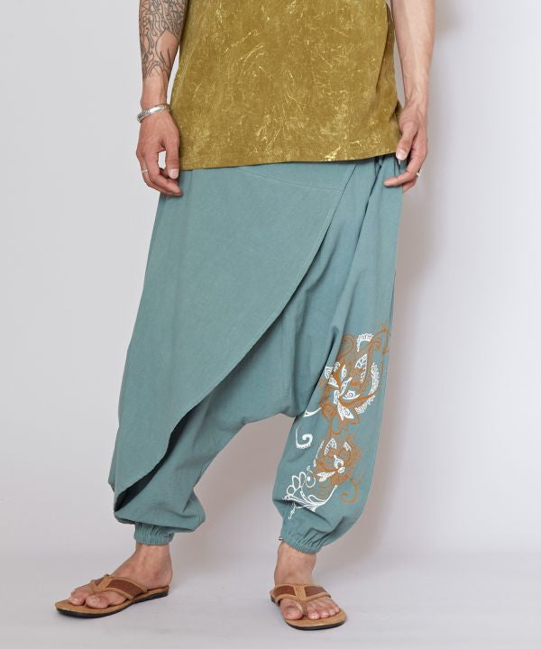 Draped Cotton Lotus Print Harem Pants