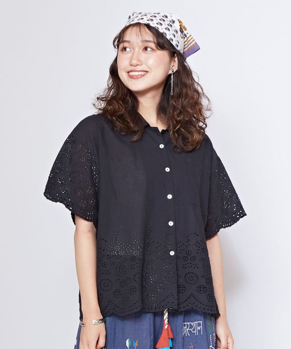 Schiffli Embroidery Open Collar Shirt