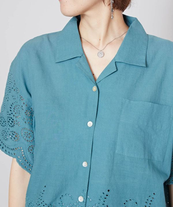 Schiffli Embroidery Open Collar Shirt