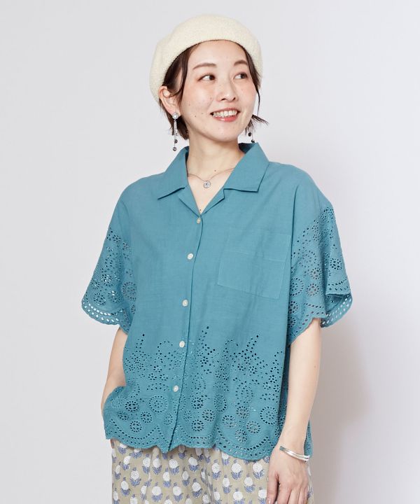 Schiffli Embroidery Open Collar Shirt