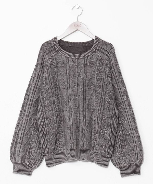 Tribal Pattern Washed Knit Pullover