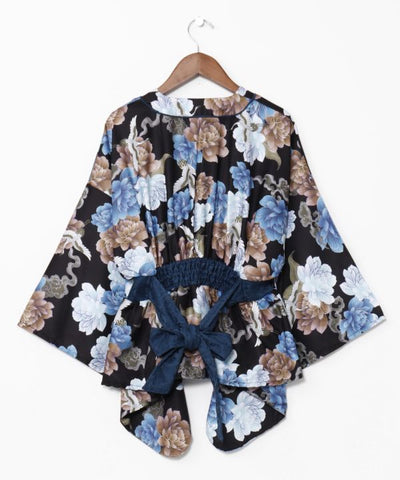 Peony Crane Kimono Wrap Top