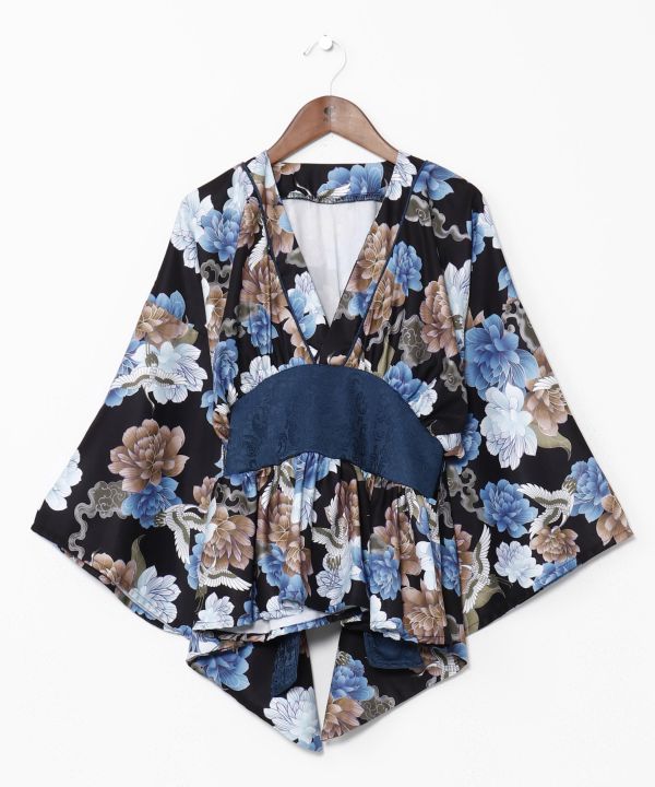 Peony Crane Kimono Wrap Top