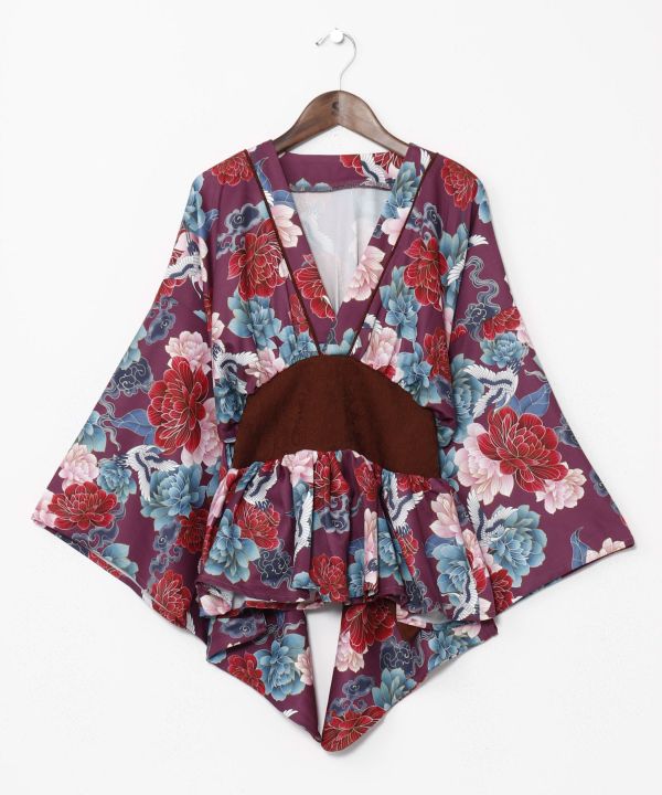 Peony Crane Kimono Wrap Top