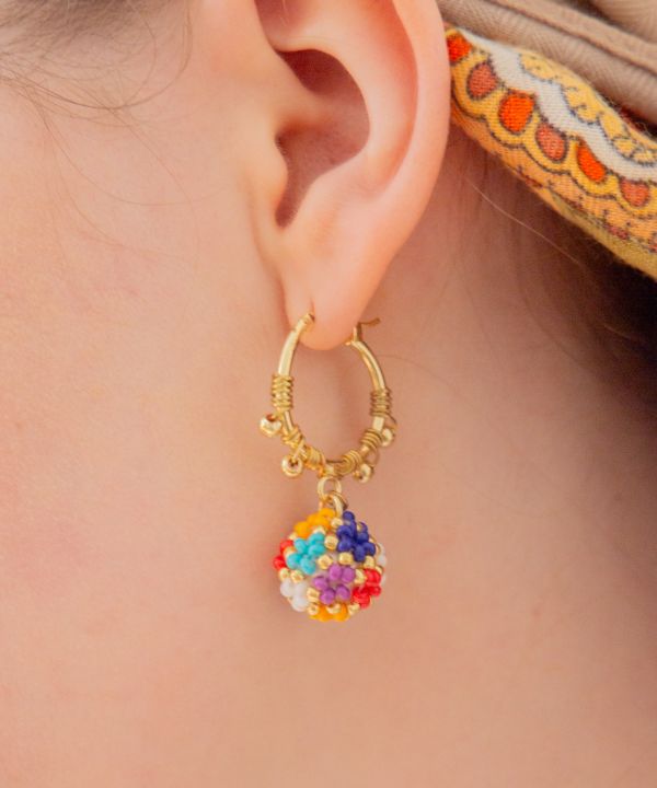 Colrful Beaded Ball Hoop Earrings