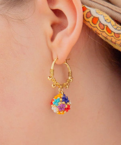 Colrful Beaded Ball Hoop Earrings