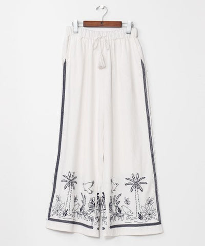 Embroidered Straight-Leg Cotton Pants