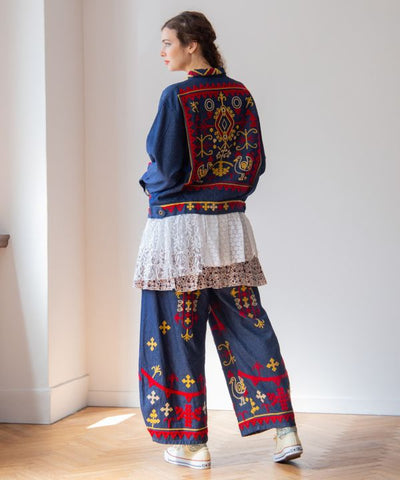 Bold Embroidered Denim Balloon Pants