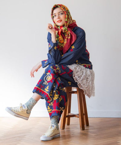 Bold Embroidered Denim Balloon Pants