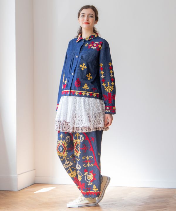 Bold Embroidered Denim Balloon Pants