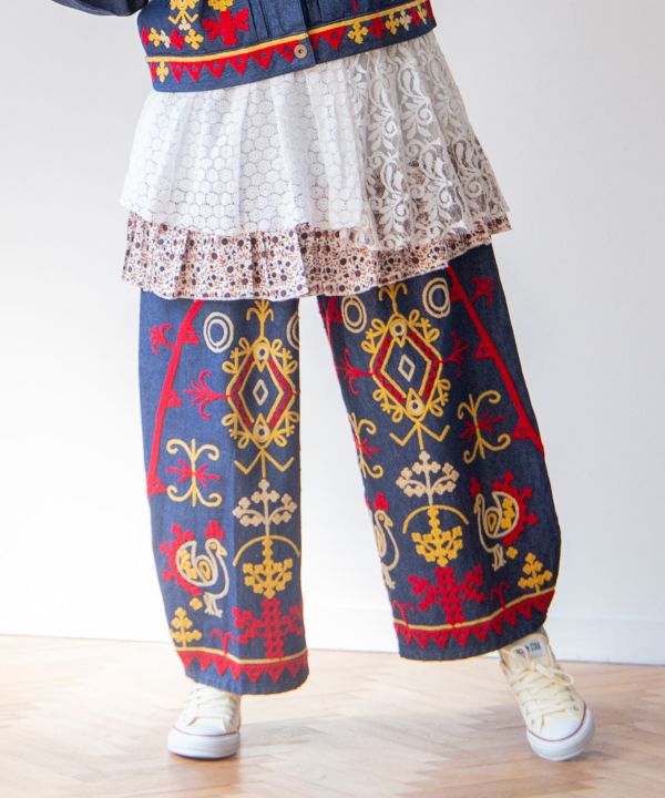 Bold Embroidered Denim Balloon Pants