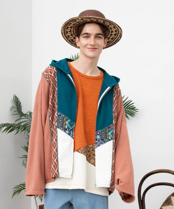 Patchwork Haif Zip Up Hoodie