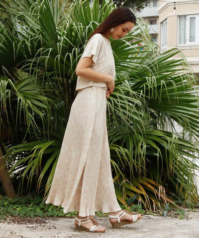 Pleated Botanical Top & Skirt Dress Set