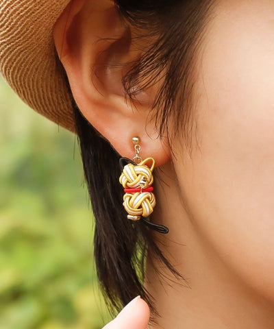 Mizuhiki Cat Clip Earrings Earrings by Kaya - Ametsuchi
