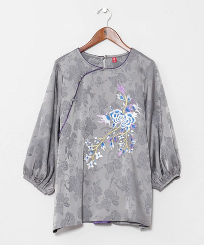 Peony Embroidery Satin Blouse