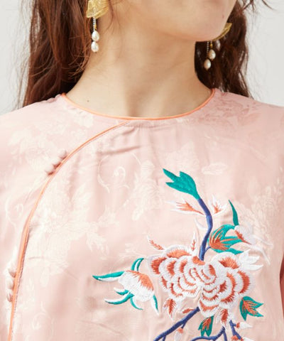 Peony Embroidery Satin Blouse