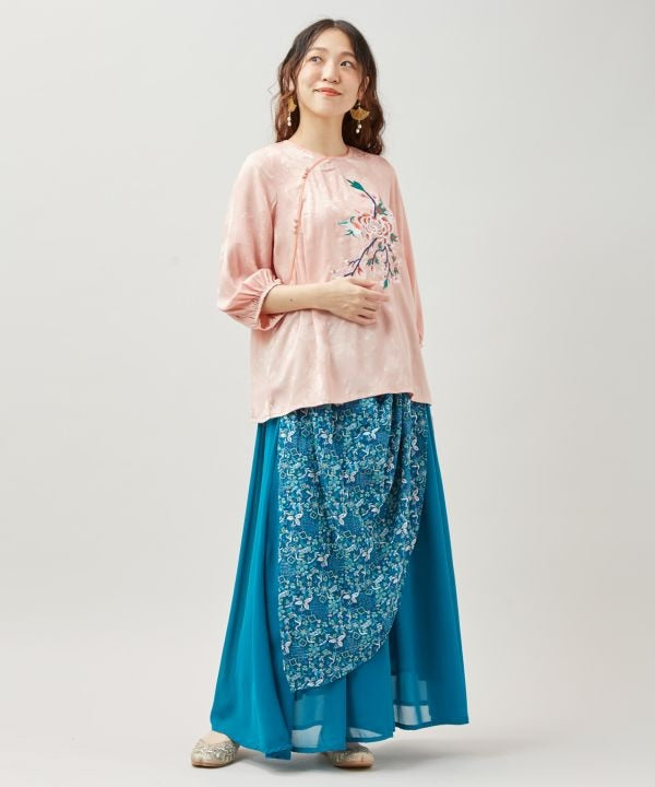 Peony Embroidery Satin Blouse