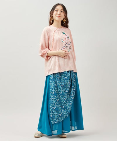 Peony Embroidery Satin Blouse