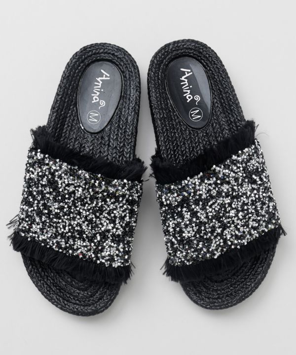 Fringe Glitter Ethnic Slide Sandals Shoes by AMINA - Ametsuchi