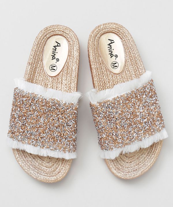 Fringe Glitter Ethnic Slide Sandals