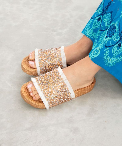 Fringe Glitter Ethnic Slide Sandals