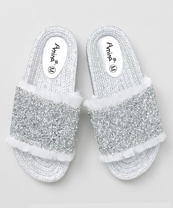 Fringe Glitter Ethnic Slide Sandals Shoes by AMINA - Ametsuchi
