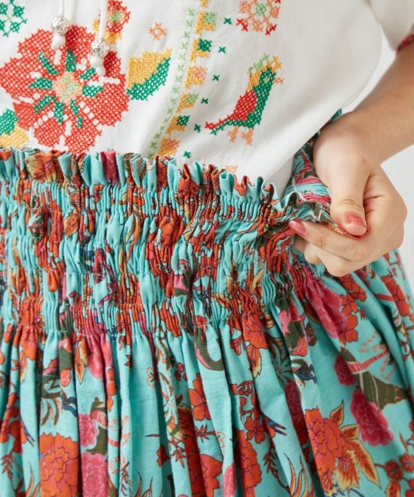 Songkran Floral Pattern Midi Skirt Skirts by AMINA - Ametsuchi