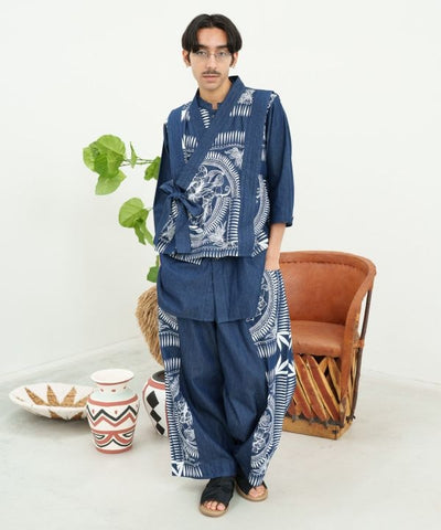 Indigo Color Long Band Collar Shirt Tops by AMINA - Ametsuchi