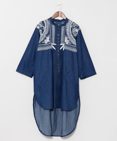 Indigo Color Long Band Collar Shirt Tops by AMINA - Ametsuchi
