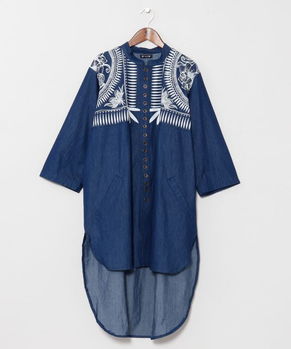 Indigo Color Long Band Collar Shirt